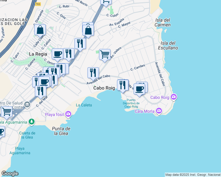 map of restaurants, bars, coffee shops, grocery stores, and more near in Cabo Roig