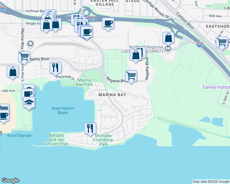 map of restaurants, bars, coffee shops, grocery stores, and more near 33 Marina Lakes Drive in Richmond