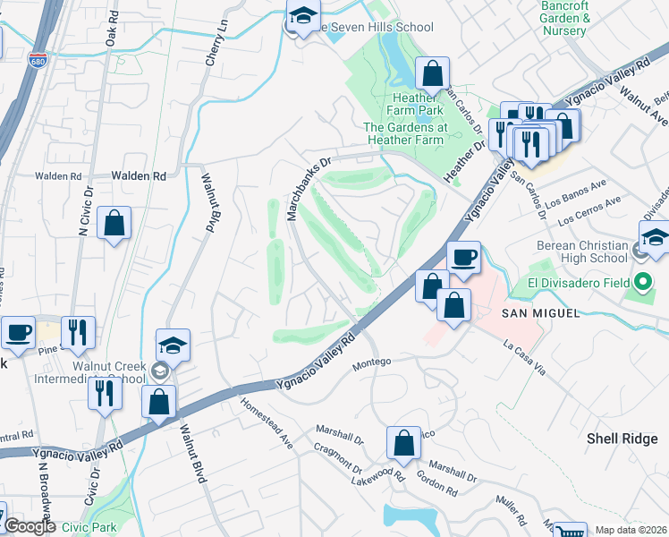 map of restaurants, bars, coffee shops, grocery stores, and more near 1443 Marchbanks Drive in Walnut Creek
