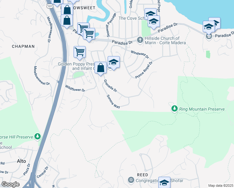 map of restaurants, bars, coffee shops, grocery stores, and more near 110 Granada Drive in Corte Madera