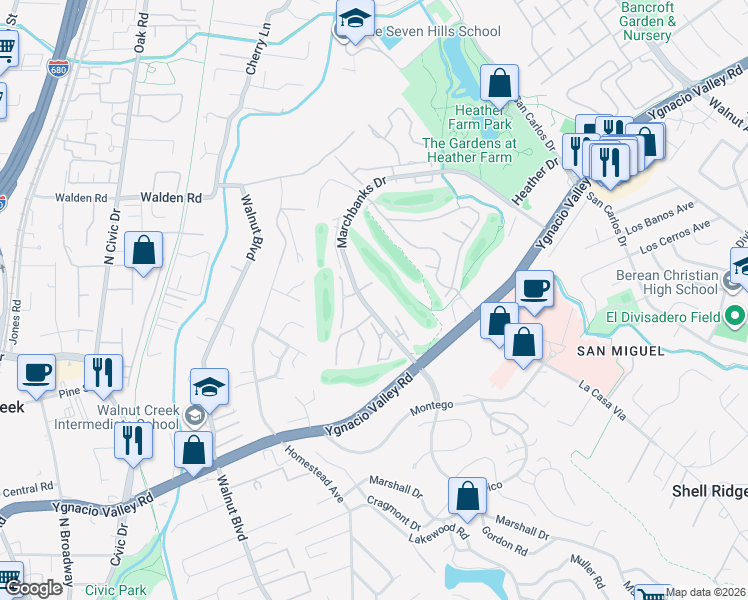 map of restaurants, bars, coffee shops, grocery stores, and more near 1457 Marchbanks Drive in Walnut Creek