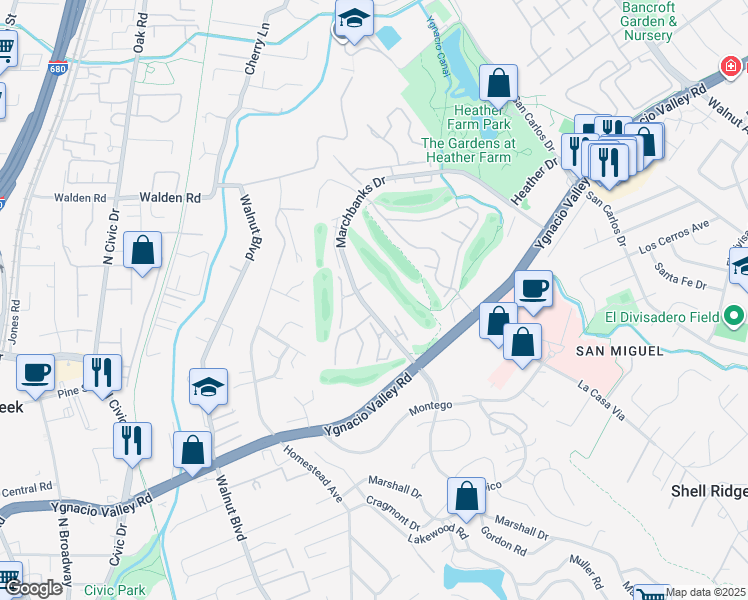 map of restaurants, bars, coffee shops, grocery stores, and more near 1469 Marchbanks Drive in Walnut Creek