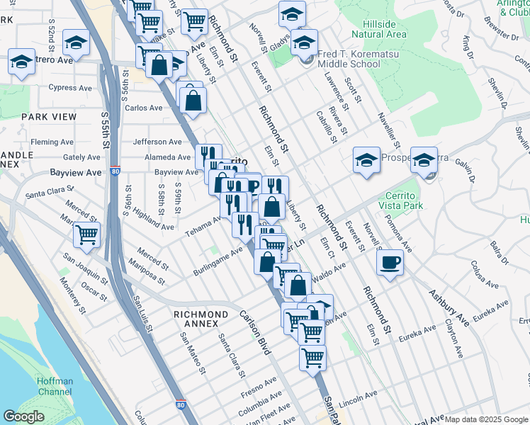 map of restaurants, bars, coffee shops, grocery stores, and more near 6493 Portola Drive in El Cerrito