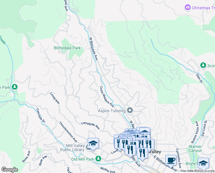 map of restaurants, bars, coffee shops, grocery stores, and more near 235 West Blithedale Avenue in Mill Valley