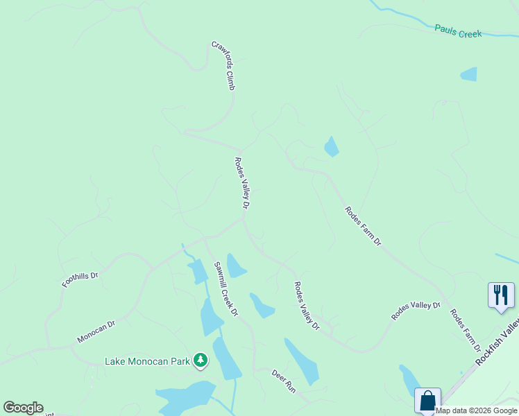 map of restaurants, bars, coffee shops, grocery stores, and more near Rodes Valley Drive in Nellysford