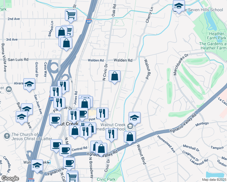 map of restaurants, bars, coffee shops, grocery stores, and more near 420 North Civic Drive in Walnut Creek