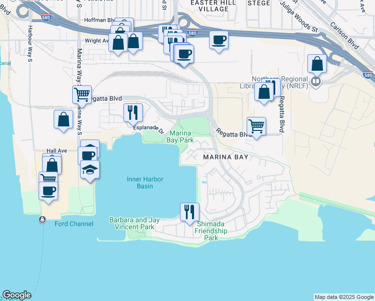 map of restaurants, bars, coffee shops, grocery stores, and more near 609 Commodore Drive in Richmond