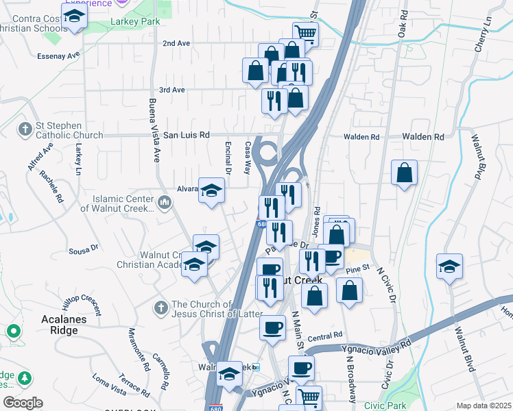 map of restaurants, bars, coffee shops, grocery stores, and more near 1581 Alvarado Avenue in Walnut Creek