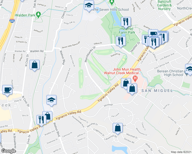 map of restaurants, bars, coffee shops, grocery stores, and more near 1463 Marchbanks Drive in Walnut Creek