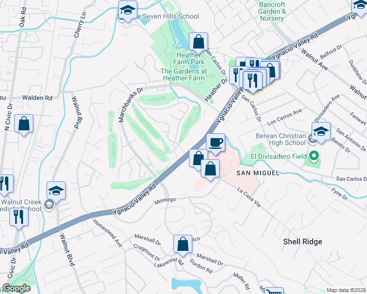 map of restaurants, bars, coffee shops, grocery stores, and more near 100 Kinross Drive in Walnut Creek