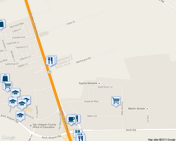 map of restaurants, bars, coffee shops, grocery stores, and more near 3912 Marfargoa Road in Stockton