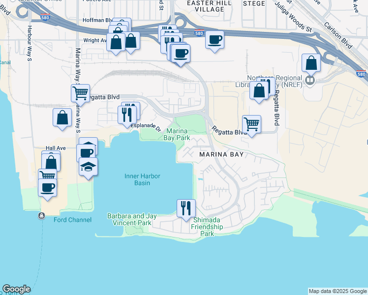 map of restaurants, bars, coffee shops, grocery stores, and more near 609 Commodore Drive in Richmond