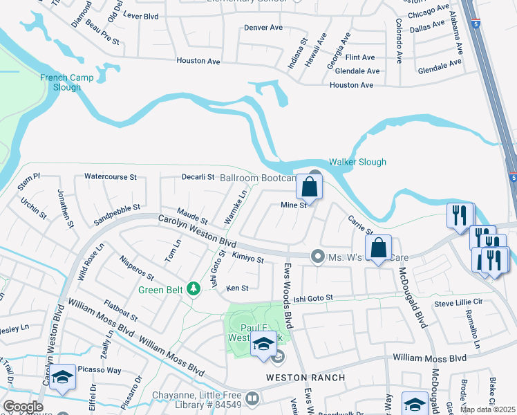 map of restaurants, bars, coffee shops, grocery stores, and more near 1380 Lloyd Thayer Circle in Stockton