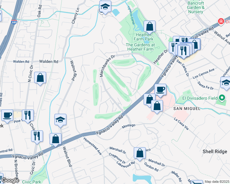 map of restaurants, bars, coffee shops, grocery stores, and more near 1469 Marchbanks Drive in Walnut Creek