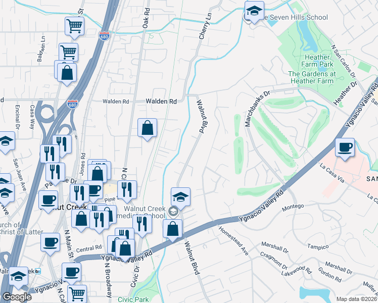 map of restaurants, bars, coffee shops, grocery stores, and more near 2273 Walnut Boulevard in Walnut Creek