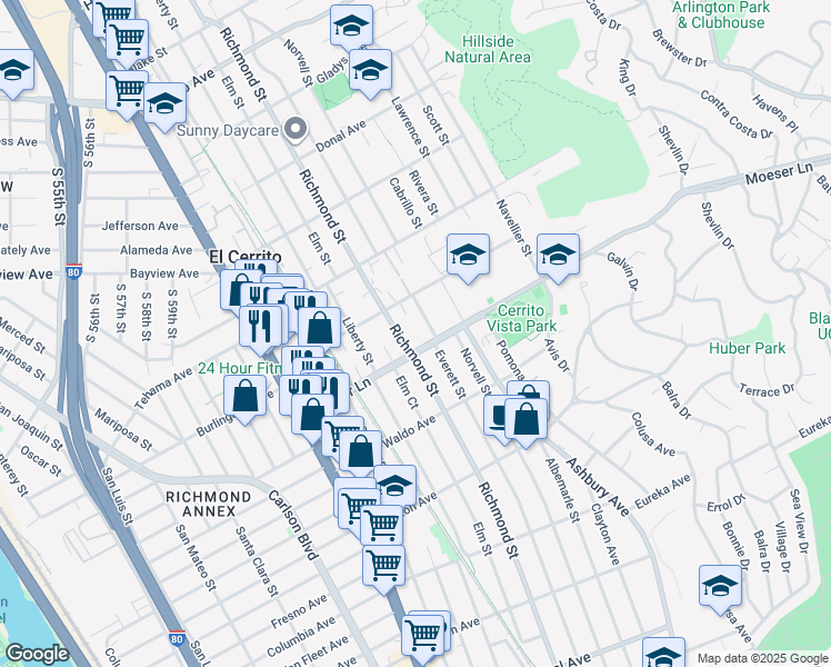 map of restaurants, bars, coffee shops, grocery stores, and more near 1017 Everett Street in El Cerrito