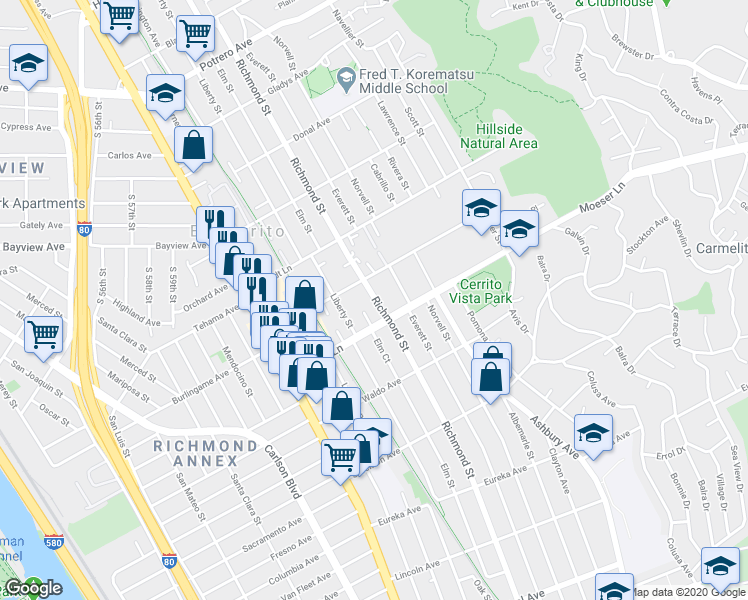 map of restaurants, bars, coffee shops, grocery stores, and more near 6712 Portola Drive in El Cerrito