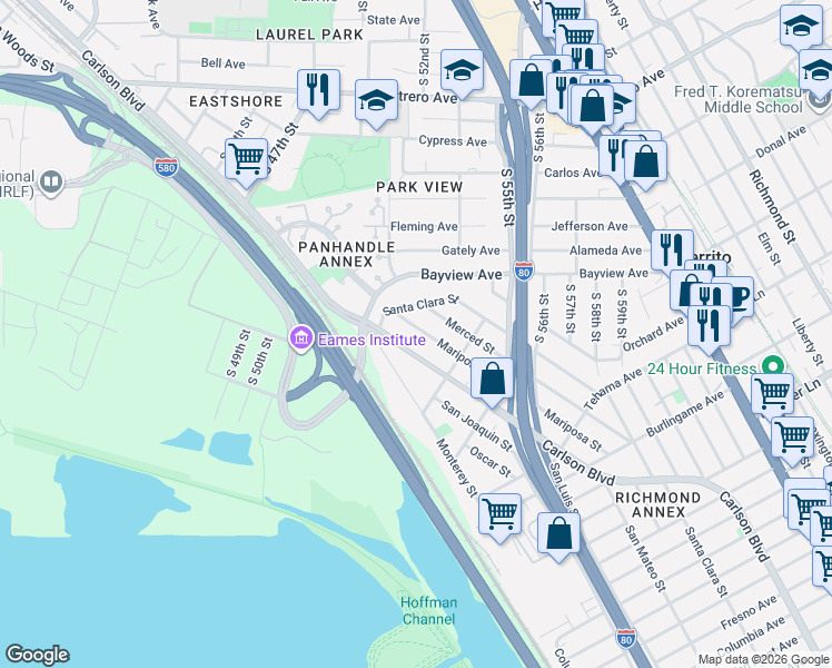 map of restaurants, bars, coffee shops, grocery stores, and more near 1319 Mariposa Street in Richmond