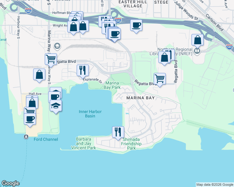 map of restaurants, bars, coffee shops, grocery stores, and more near 422 Commodore Drive in Richmond