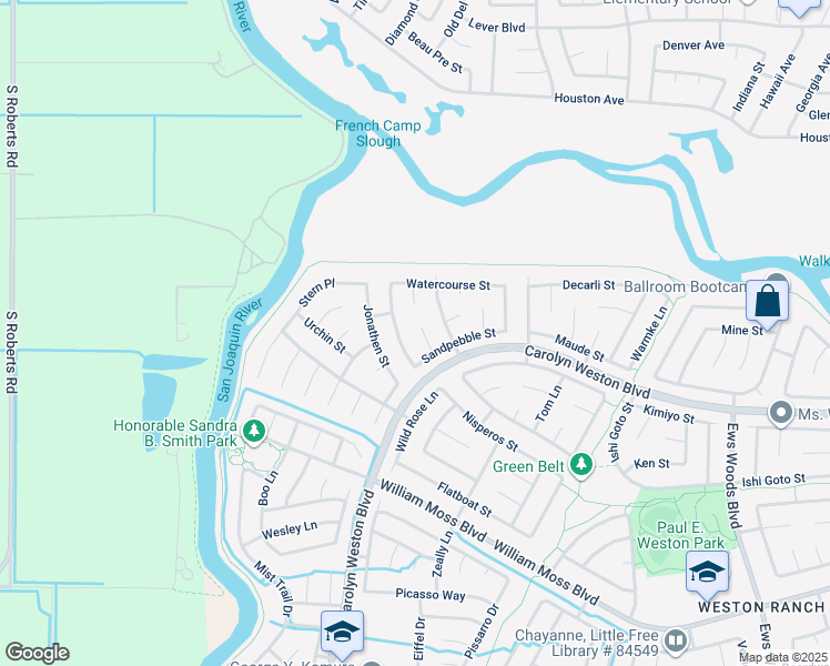 map of restaurants, bars, coffee shops, grocery stores, and more near 3317 Bea Hackman Court in Stockton