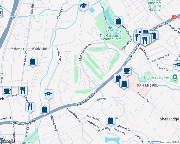 map of restaurants, bars, coffee shops, grocery stores, and more near 1463 Marchbanks Drive in Walnut Creek