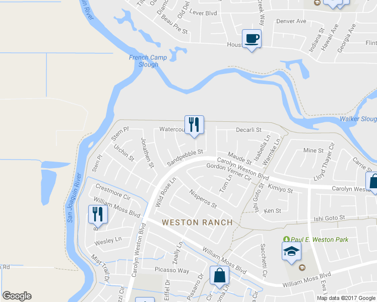 map of restaurants, bars, coffee shops, grocery stores, and more near 2031 Sandpebble Street in Stockton