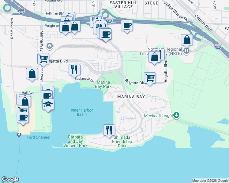 map of restaurants, bars, coffee shops, grocery stores, and more near 422 Commodore Drive in Richmond