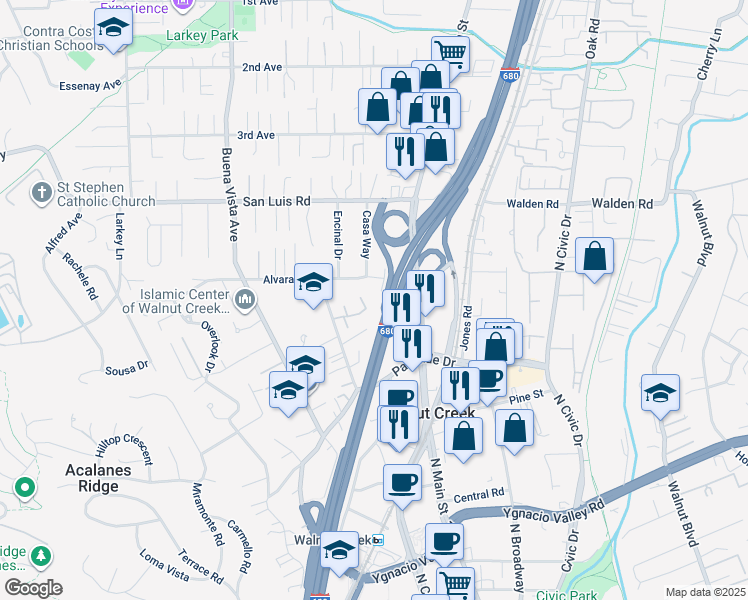 map of restaurants, bars, coffee shops, grocery stores, and more near 1571 Alvarado Avenue in Walnut Creek