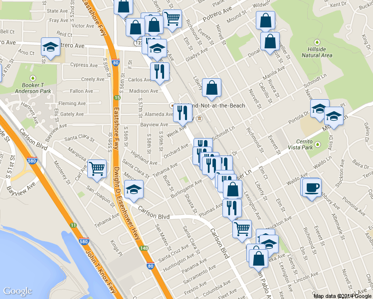 map of restaurants, bars, coffee shops, grocery stores, and more near 6116 Orchard Avenue in Richmond