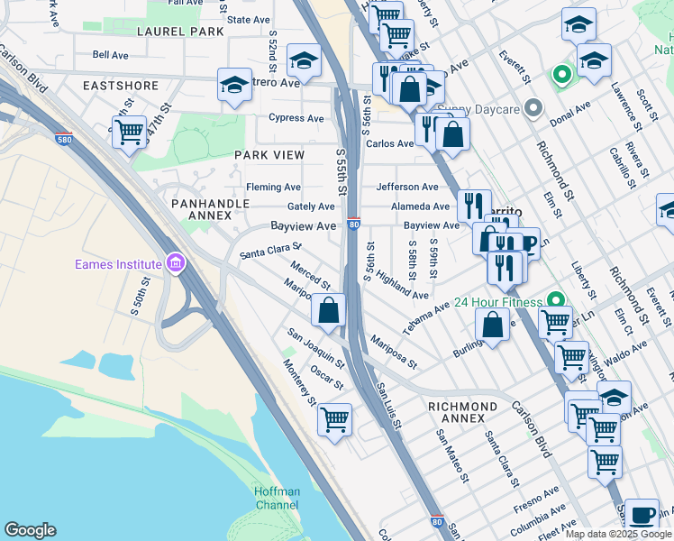 map of restaurants, bars, coffee shops, grocery stores, and more near 1435 Santa Clara St in Richmond