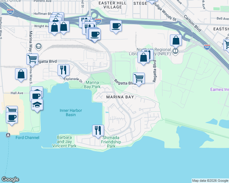 map of restaurants, bars, coffee shops, grocery stores, and more near Marina Bay Parkway & Commodore Drive in Richmond