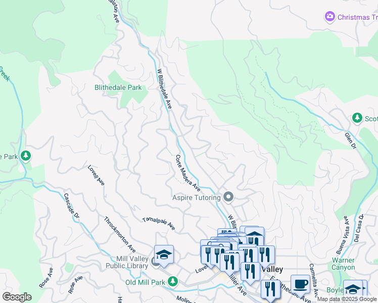 map of restaurants, bars, coffee shops, grocery stores, and more near 235 West Blithedale Avenue in Mill Valley