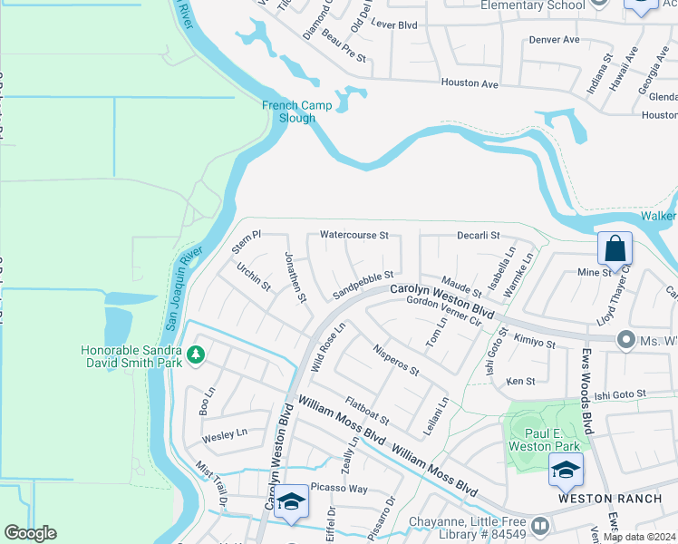 map of restaurants, bars, coffee shops, grocery stores, and more near 3324 Bea Hackman Court in Stockton