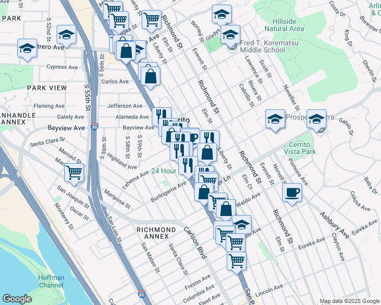 map of restaurants, bars, coffee shops, grocery stores, and more near 10770 San Pablo Avenue in El Cerrito
