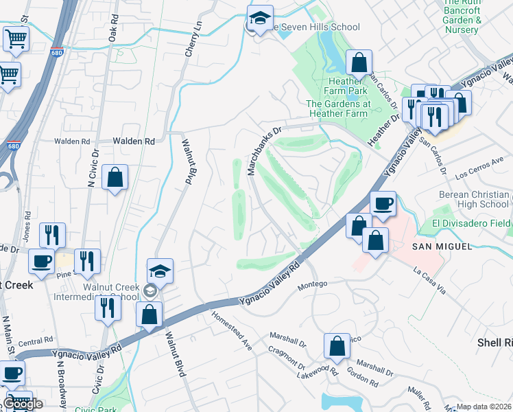 map of restaurants, bars, coffee shops, grocery stores, and more near 100 Crosby Court in Walnut Creek