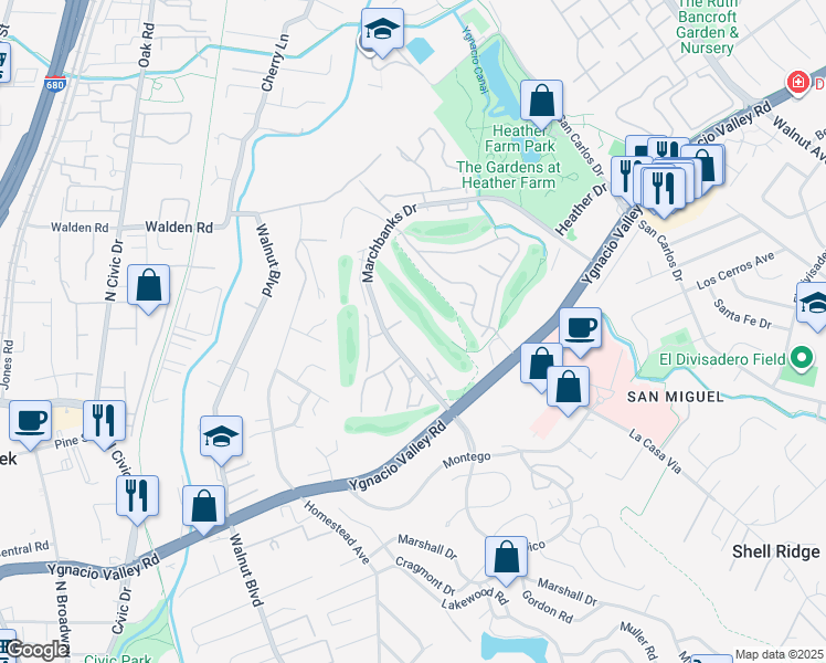map of restaurants, bars, coffee shops, grocery stores, and more near 1471 Marchbanks Drive in Walnut Creek