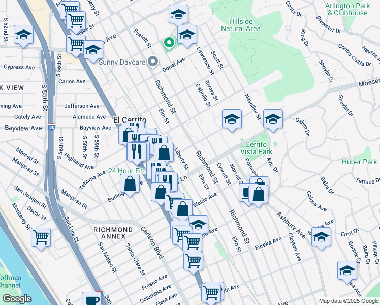map of restaurants, bars, coffee shops, grocery stores, and more near 6712 Portola Drive in El Cerrito