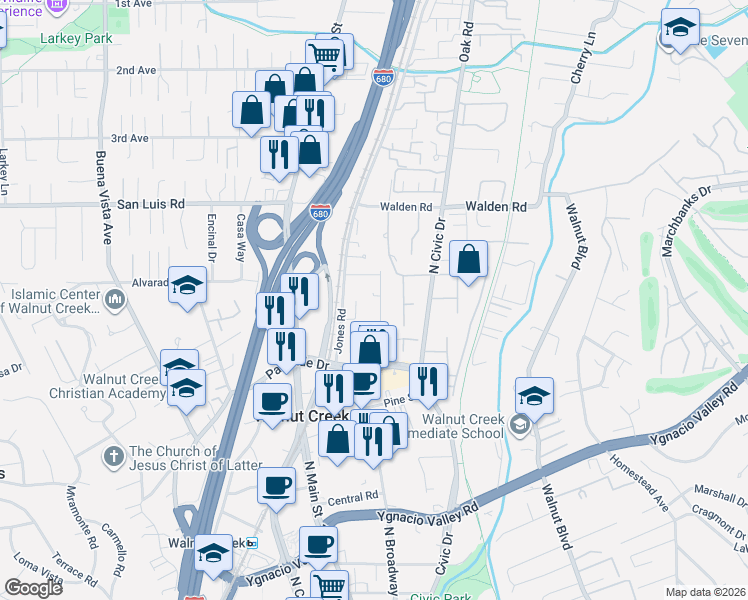 map of restaurants, bars, coffee shops, grocery stores, and more near 580 Churchill Downs Court in Walnut Creek