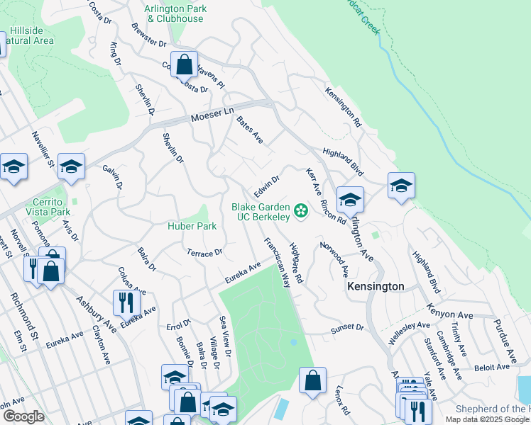 map of restaurants, bars, coffee shops, grocery stores, and more near 9 Franciscan Way in Kensington