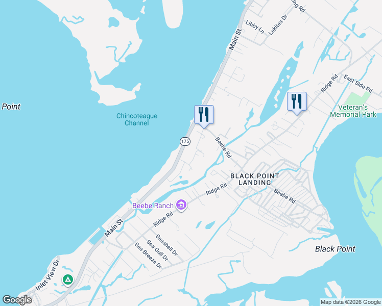 map of restaurants, bars, coffee shops, grocery stores, and more near 7511 Doe Bay Lane in Chincoteague