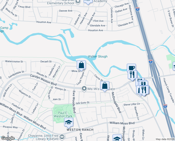 map of restaurants, bars, coffee shops, grocery stores, and more near 3229 Buttrick Lane in Stockton