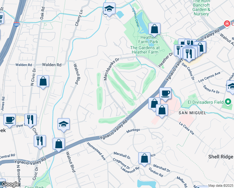 map of restaurants, bars, coffee shops, grocery stores, and more near 1469 Marchbanks Drive in Walnut Creek