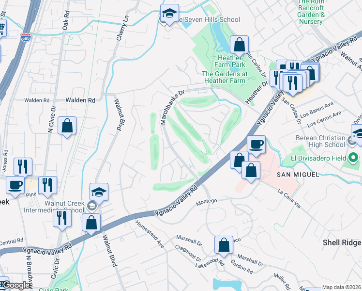map of restaurants, bars, coffee shops, grocery stores, and more near 1465 Marchbanks Drive in Walnut Creek
