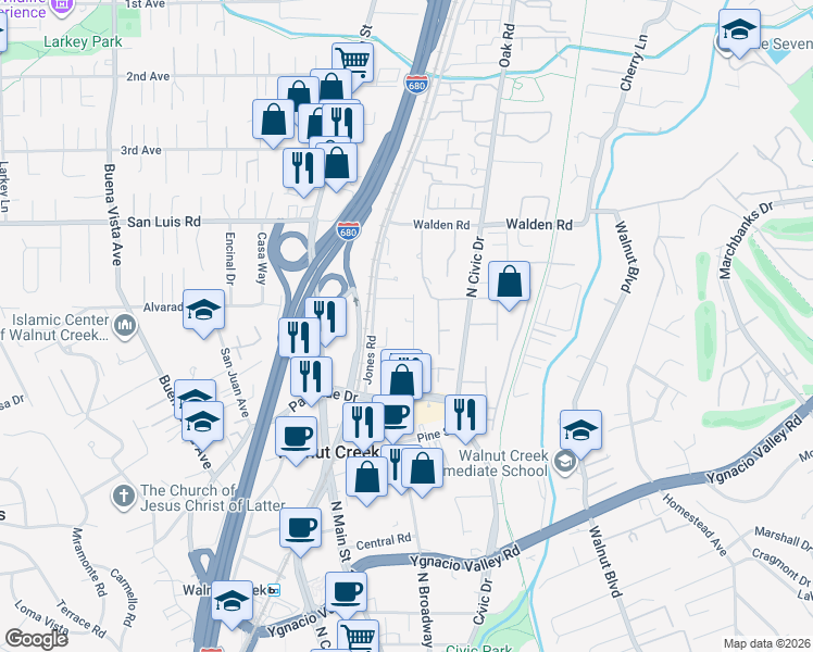 map of restaurants, bars, coffee shops, grocery stores, and more near 580 Churchill Downs Court in Walnut Creek