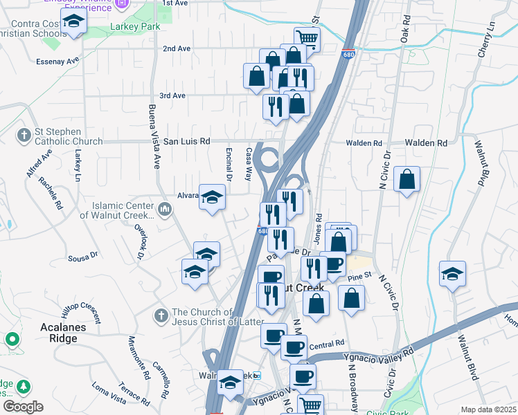 map of restaurants, bars, coffee shops, grocery stores, and more near 1571 Alvarado Avenue in Walnut Creek