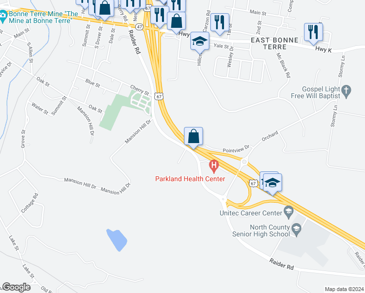 map of restaurants, bars, coffee shops, grocery stores, and more near 6704-6822 Vo Tech Rd in Bonne Terre