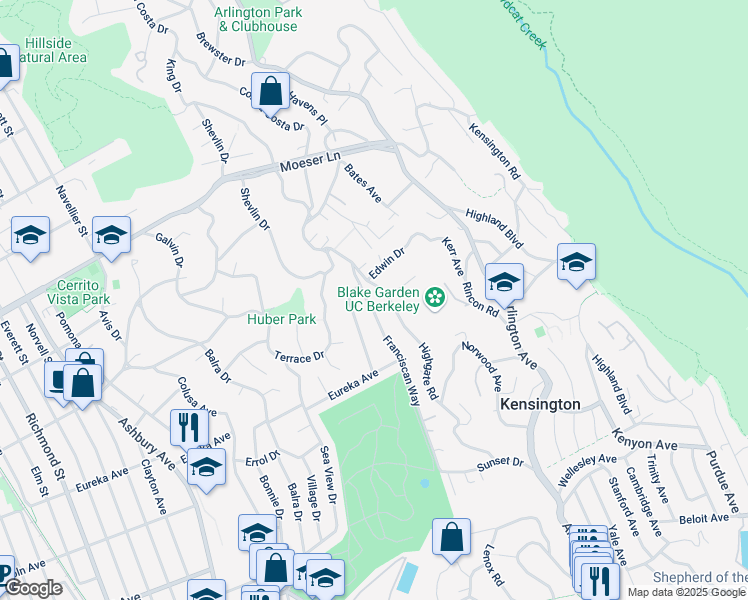 map of restaurants, bars, coffee shops, grocery stores, and more near 9 Franciscan Way in Kensington