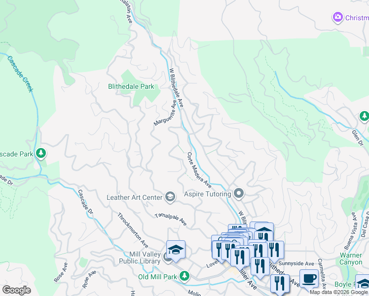 map of restaurants, bars, coffee shops, grocery stores, and more near 10 Lyon Place in Mill Valley