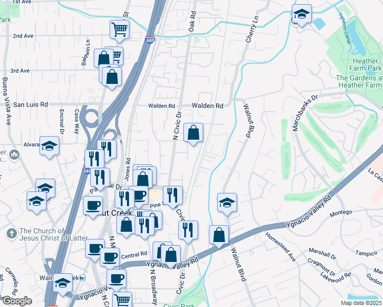 map of restaurants, bars, coffee shops, grocery stores, and more near 420 North Civic Drive in Walnut Creek