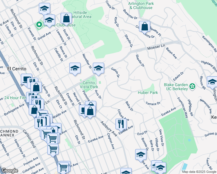 map of restaurants, bars, coffee shops, grocery stores, and more near 876 Balra Drive in El Cerrito